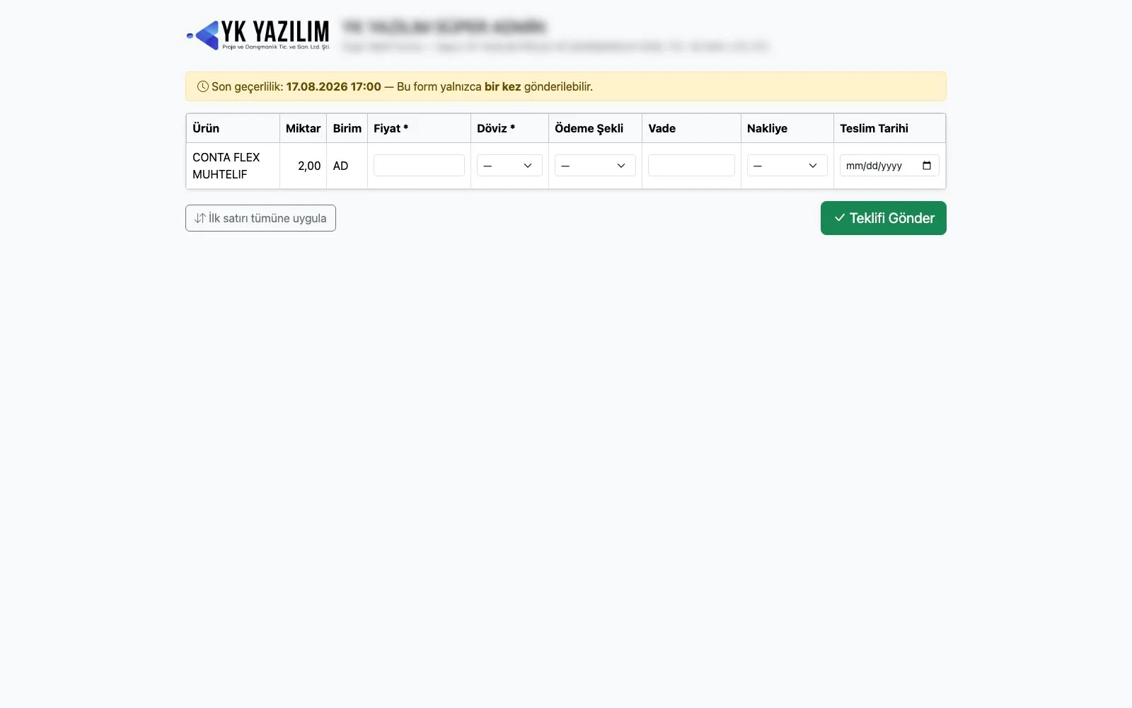 Satınalma Programı — 6. Tedarikçi Teklif Formu — Tedarikçinin Doldurduğu Public Link ekranı